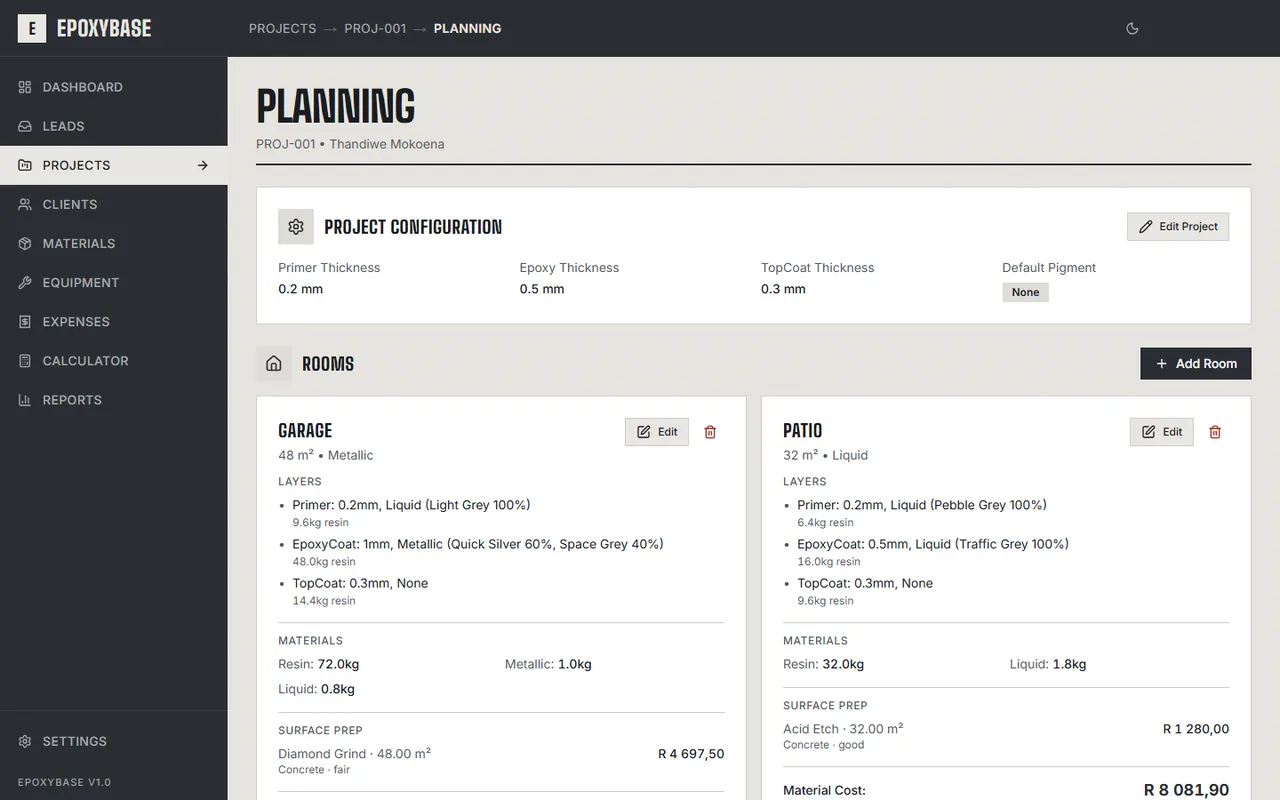 The Epoxy Base job planning screen showing a costed quote and its material breakdown